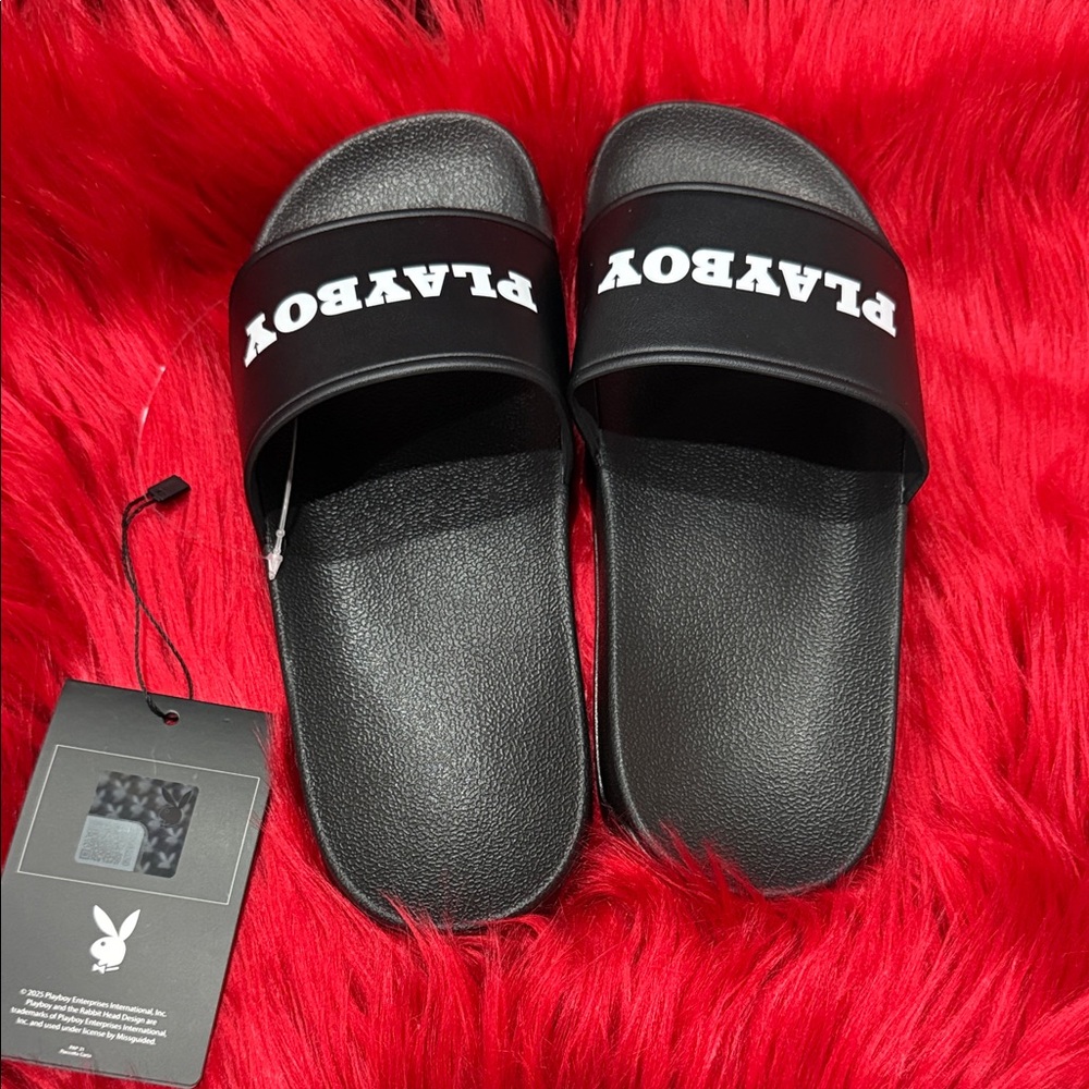 PLAYBOY Black Slide Sandals with White Logo